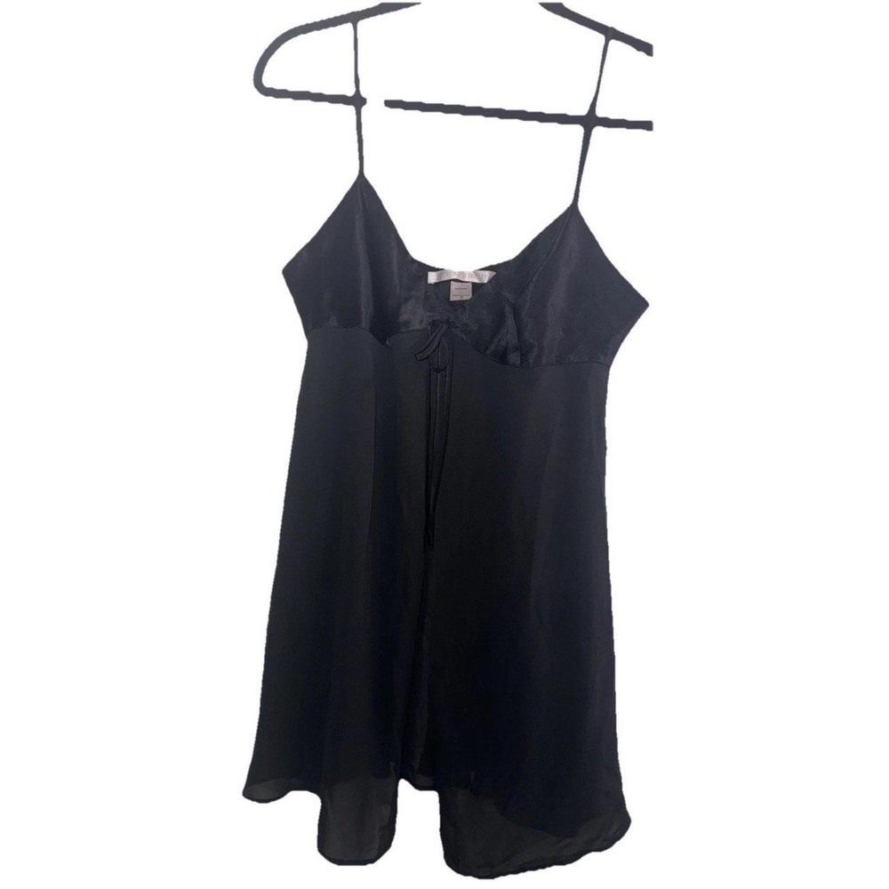 Vintage Victoria's Secret Black Satin Sheer Babydoll Slip Dress Medium Tie Front - Picture 1 of 8